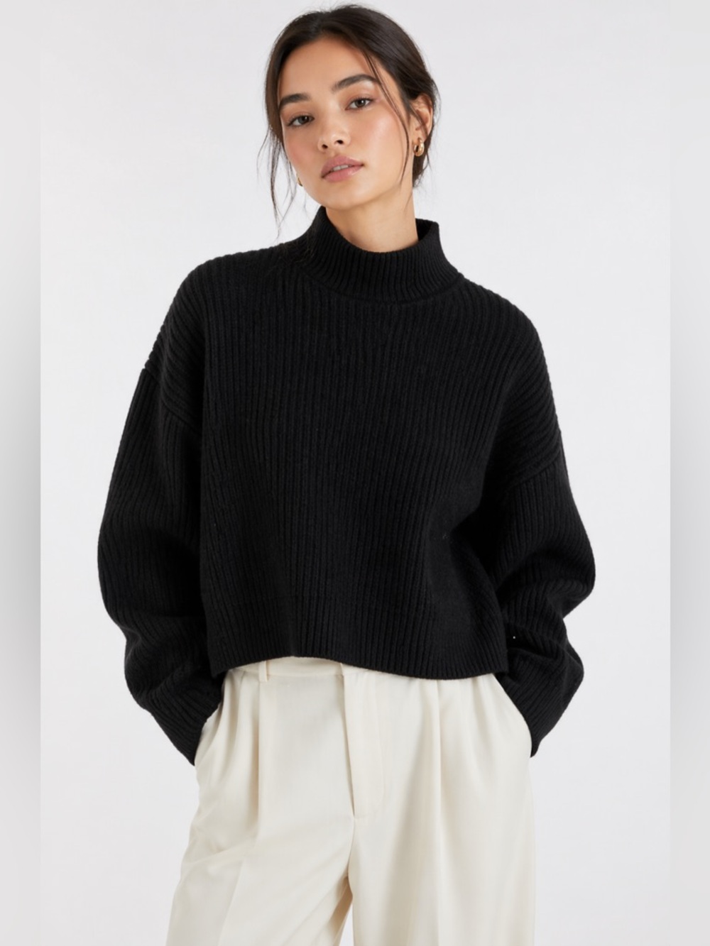 COS Black Wool Cashmere Ribbed Mock Neck Sweater Cropped Oversized
